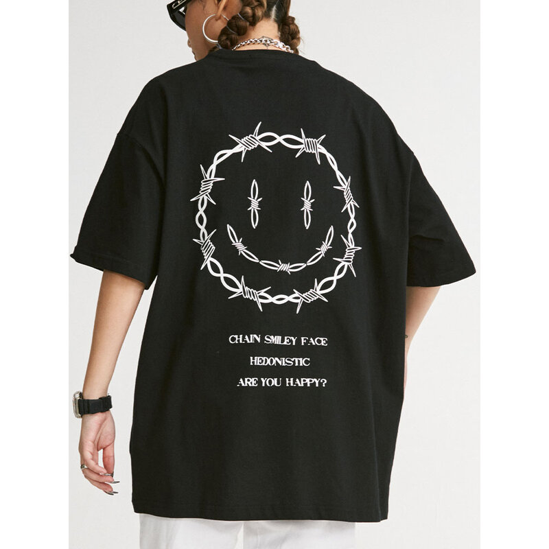 T-shirt da uomo Hip Hop Chain Smile Face Print t-shirt oversize Streetwear Harajuku Casual cotone sciolto manica corta t-shirt top