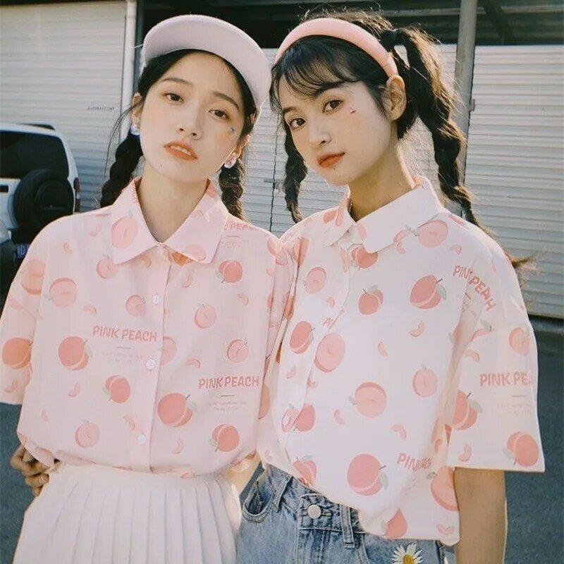 XEJ Japanese Kawaii Shirt Woman Tops for Women Summer Tunics Short Sleeve Tees Peach Print Chiffon Blouse for Women Elegant