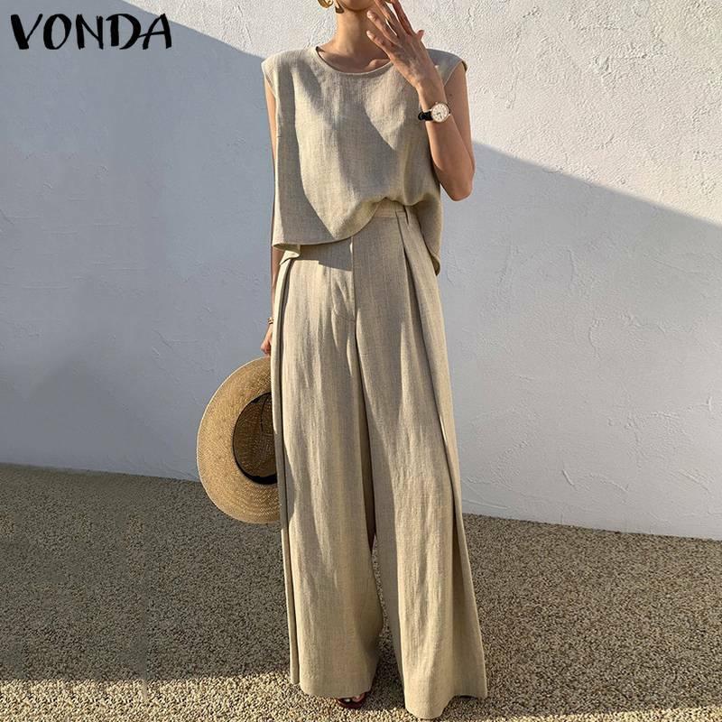 Женские летние комплекты 2022 VONDA свободные однотонные топы и брюки с широкими штанинами элегантные брюки