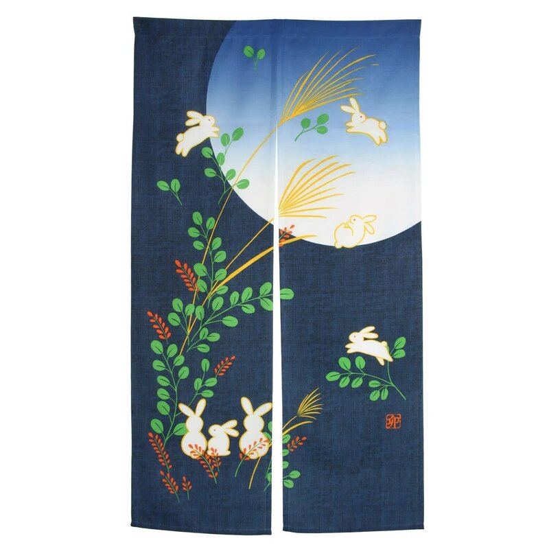 Japanese Doorway Curtain Noren Rabbit Under Moon For Home Decoration 85X150cm