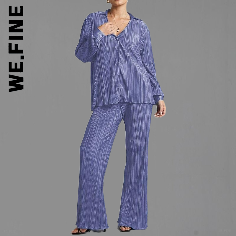 We.Fine-Conjunto de dos piezas plisadas para mujer, traje elegante de manga larga, pantalones de pierna ancha y cintura alta, ropa de oficina