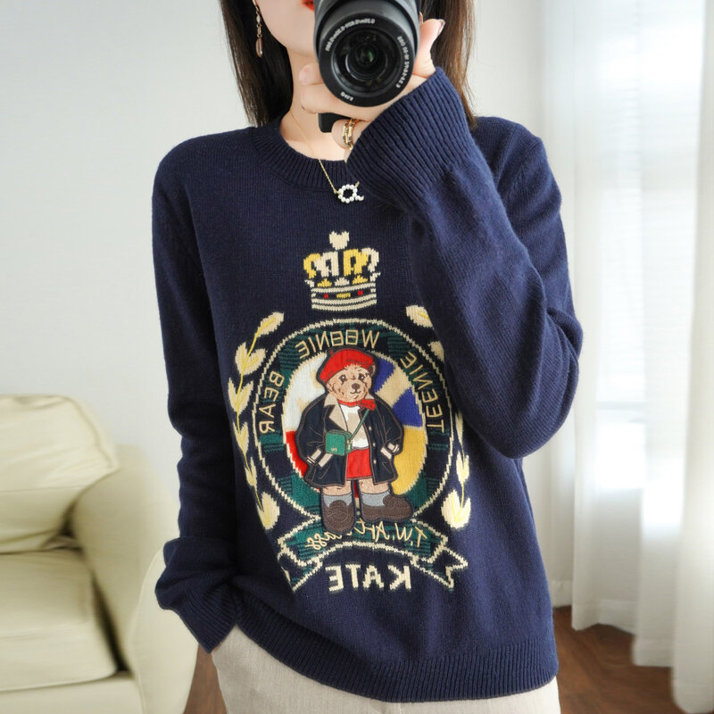 Spring And Autumn New Women's Round Neck Jacquard Pullover Sweater Cartoon Pattern Knitted Bottoming Shirt Wearing Fashion Loose