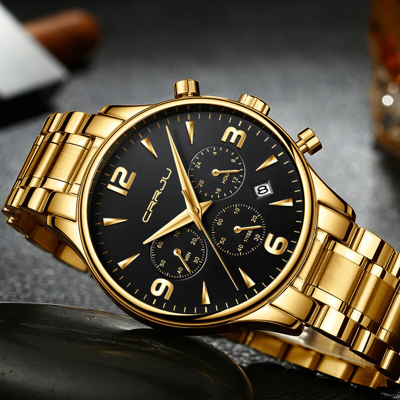 ساعات ذهبية رجالية فاخرة العلامة التجارية CRRJU كوارتز ساعة اليد موضة الرياضة وساعة الأعمال السببية الذكور ساعة Reloj Hombres