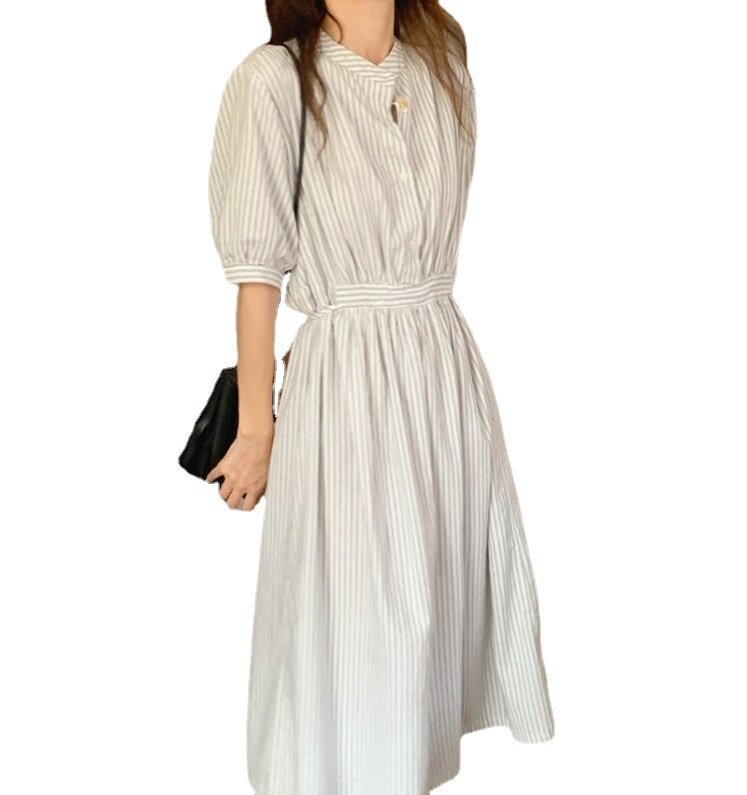 2022 summer Korean chic simple round neck stripe waist shirt style dress women's office lady A-line o-neck dress