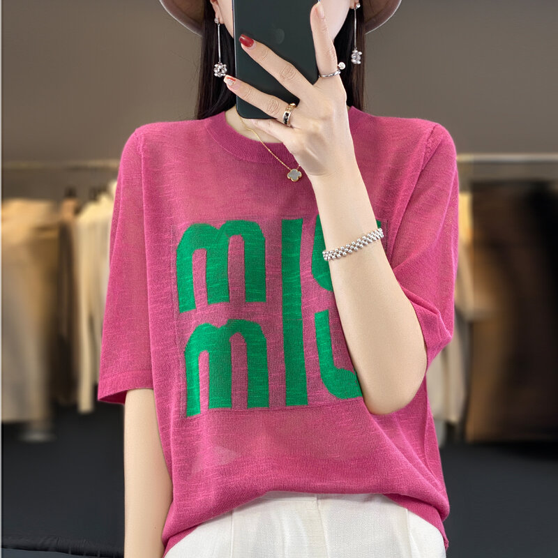 Summer Luxury Ice Silk Knitted Short-Sleeved T-Shirt Women's High-End Jacquard Letter Loose Top Bottoming Thin Pullover
