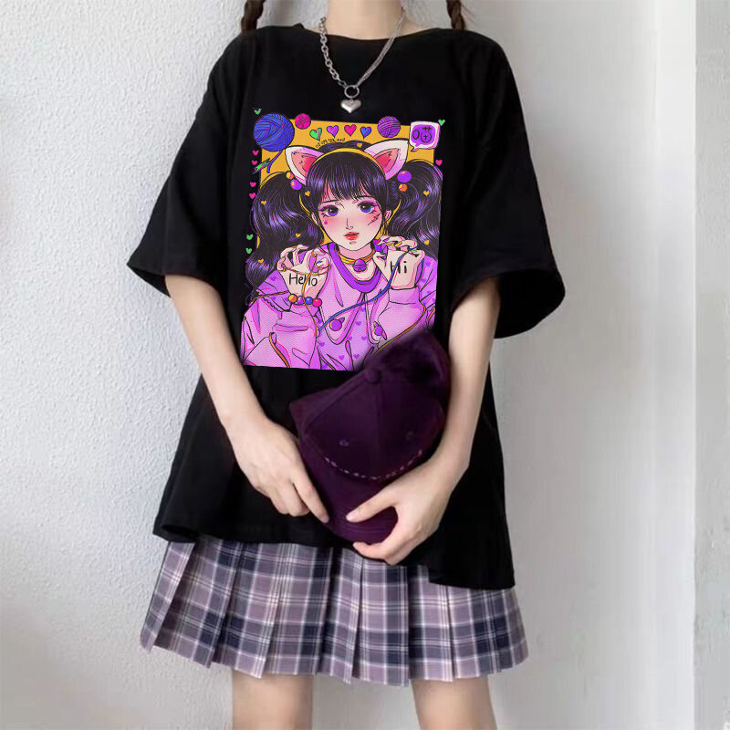 Ponadgabarytowy T Shirt Harajuku estetyczny gotycki Punk nadruk kreskówkowy z krótkim rękawem t-shirty damskie lato Hip Hop luźna odzież uliczna topy