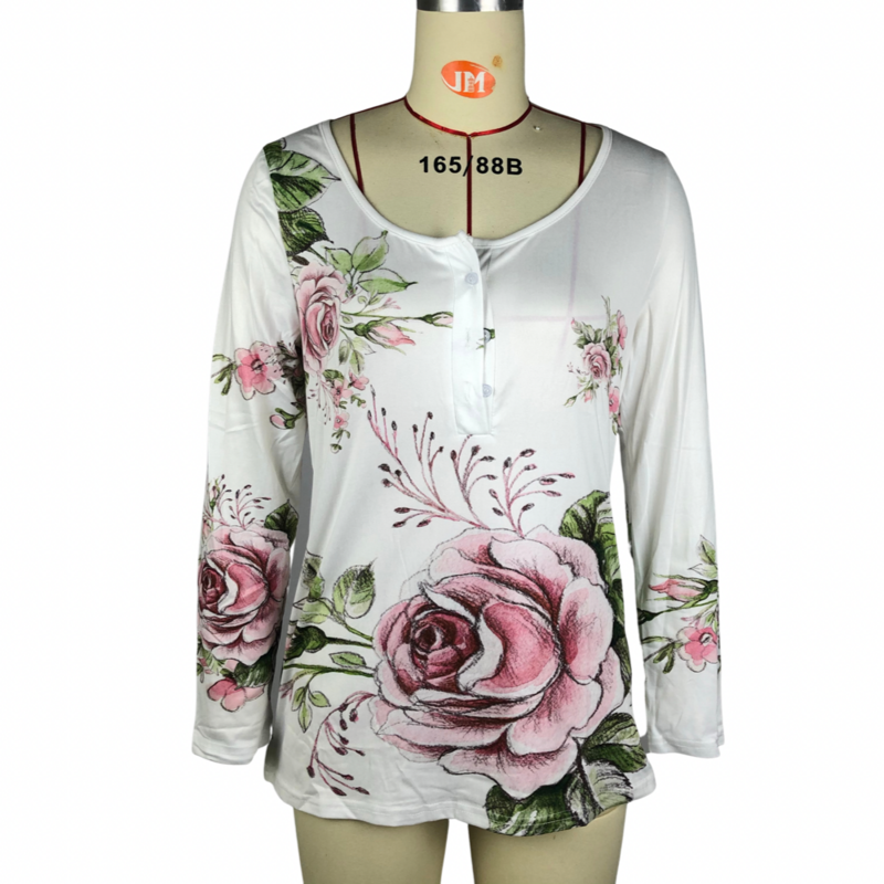 2023 여성용 꽃 프린트 캐주얼 긴팔 탑, 크루넥 탑 버튼, 루즈한 여름 티셔츠, 가을, 겨울 패션