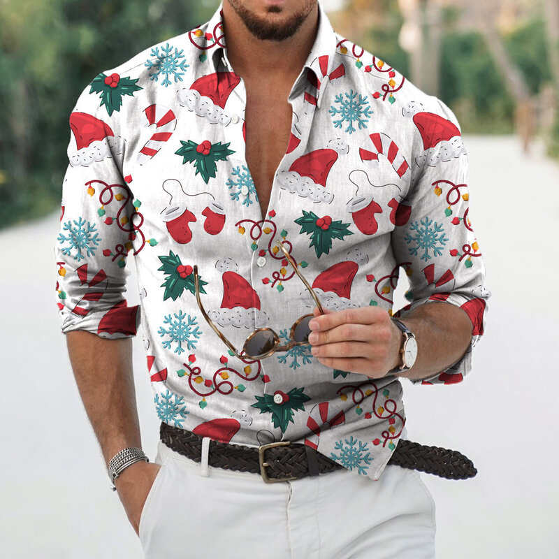 Hawaiian Shirt Men 3d Santa Claus 프린트 셔츠 남성용 Holiday Full Sleeve Beach Tops Tee Shirt Men Oversized Blouse Spring