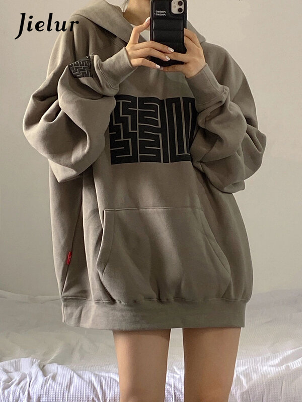 Jielur outono bolso solto hoodies feminino manga longa pulôver com capuz cinza moletom mulher moda casual fino streetwear M-2XL