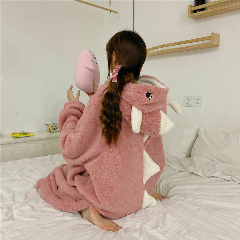 Пижама в виде динозавра на осень и зиму, женская утепленная плюшевая Пижама с милым дизайном, свободная Коралловая бархатная домашняя пижама