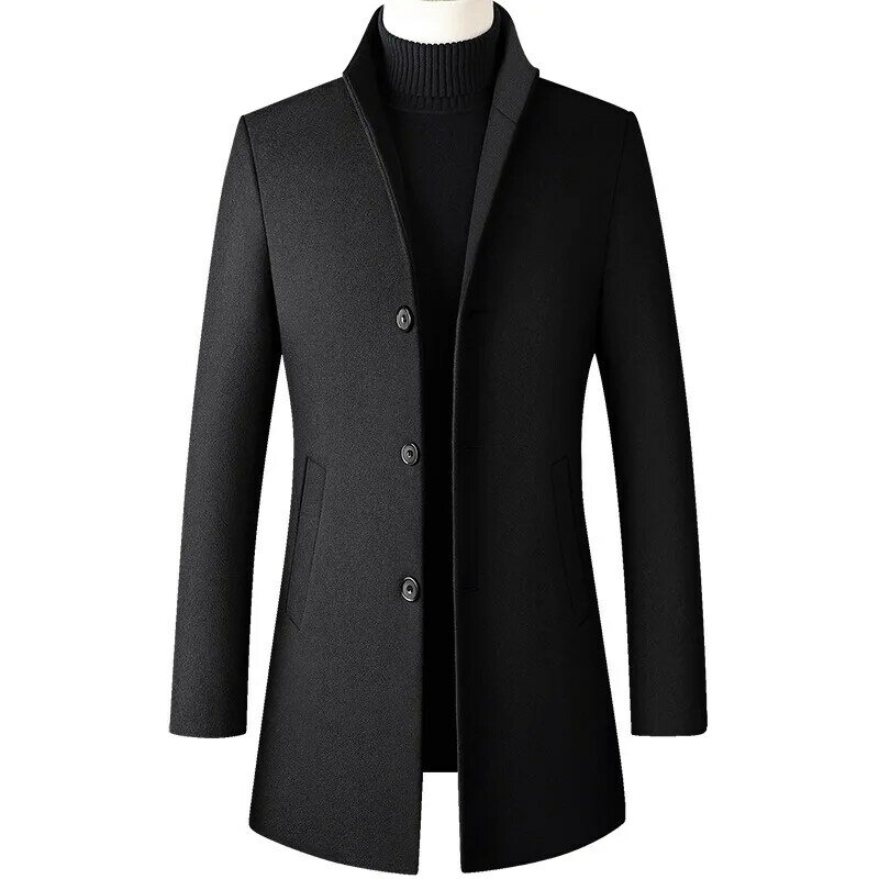 Abrigo de lana para hombre, chaqueta ajustada de un solo pecho, Vintage, de manga larga, con cuello levantado, para negocios, primavera y otoño