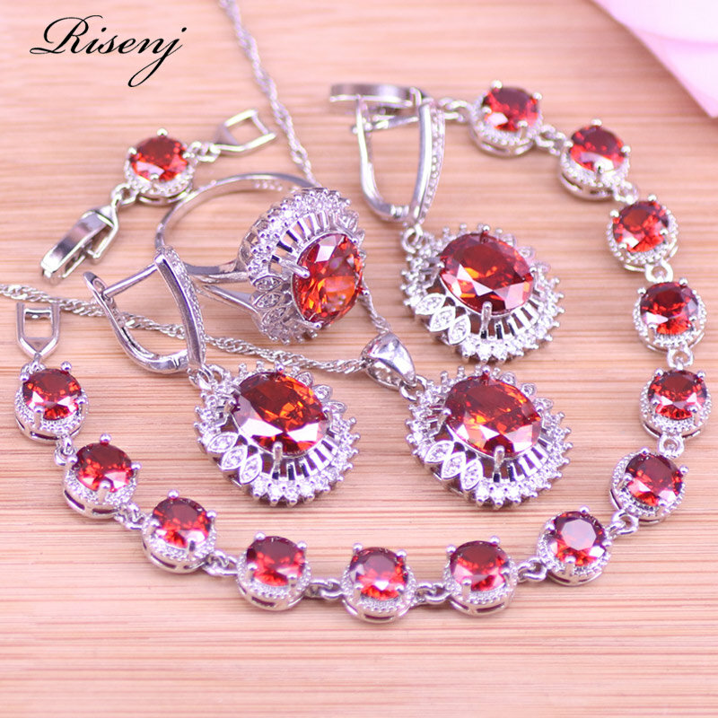 925 Silver Costume Red Stone Jewelry For Women Earrings Ring Necklcae Bracelet Set Bridal Jewelry