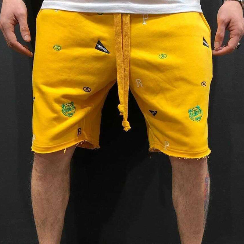 Men Street Hip Hop Solid Drawstring Shorts Embroidery Tiger Letter Harajuku Straight Casual  Cargo Beach  Pants