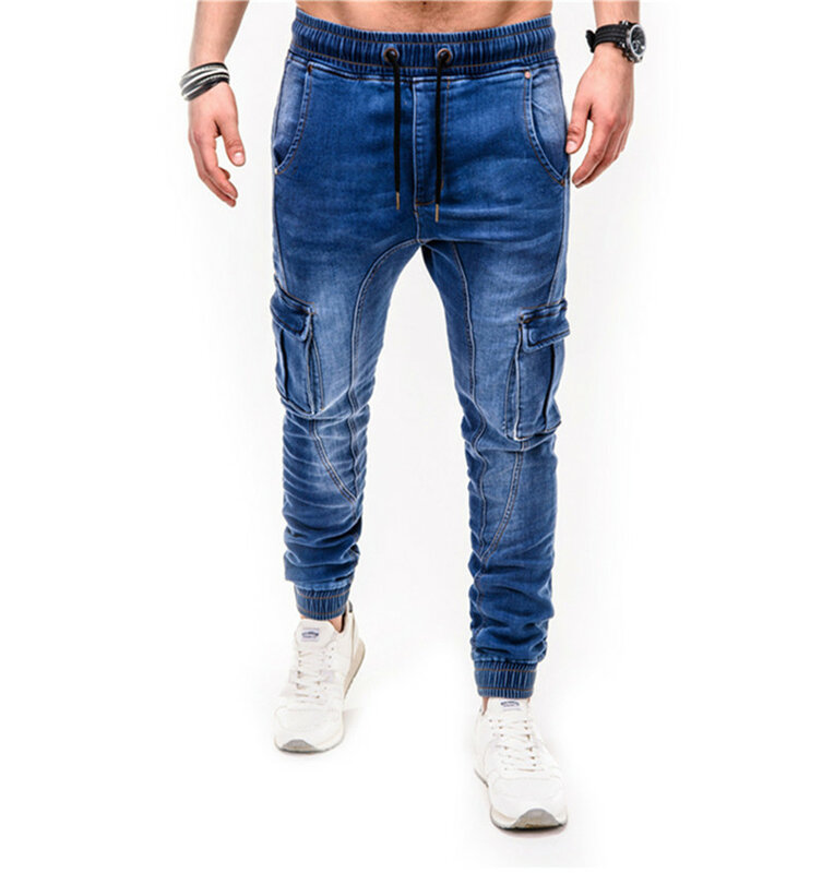 high quality Solid Pocket Jeans Mens Denim Cotton Pants Causal Vintage Cargo Pants Drawstring Stretchy Pencil Jeans Male