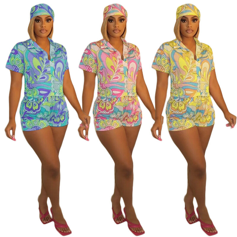 여성 여름 캐주얼 반팔 셔츠 탑 + 쇼트 슬림 클럽 트랙슈트, 여성 라운지웨어 의상, 플로랄 프린트 셔츠, 3 피스 세트