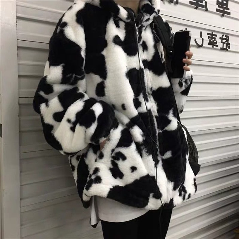 Deeptown Cow Print Fleece Winter Flannel Hoodie Women Harajuku Hippie Zip Up Jackets Female Korean Fashion Thick Sweatshirts