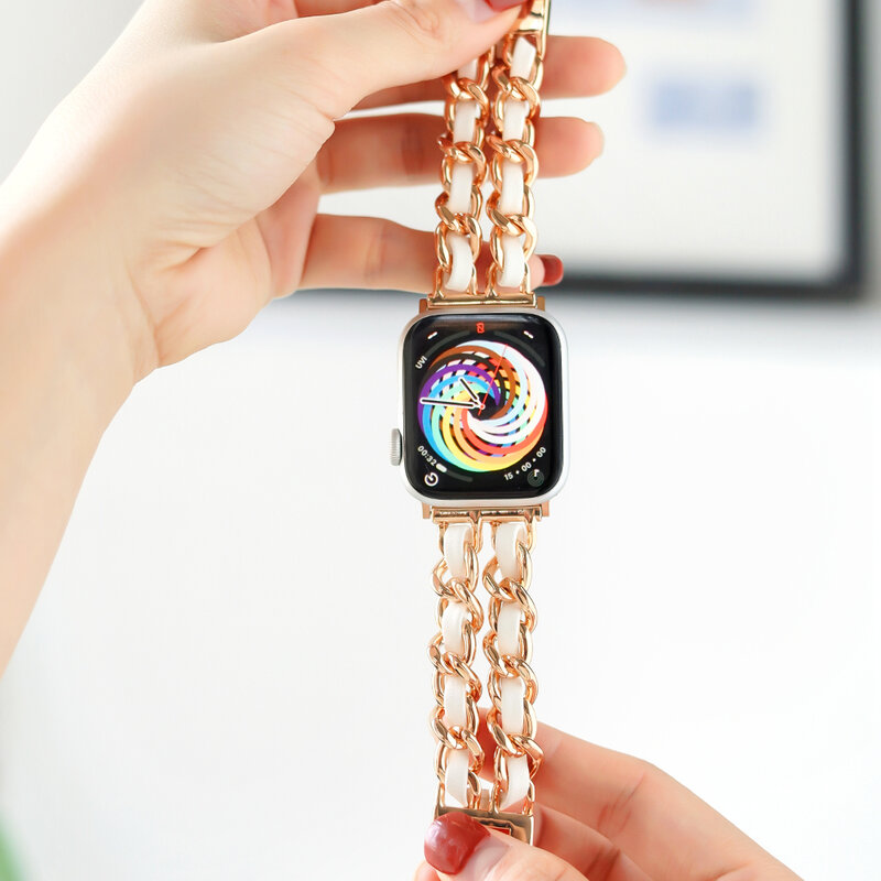 Pulsera de cuero y metal para Apple Watch, brazalete de lujo para mujer, pulsera de cuero y metal para iWatch 7, 6, se, 41mm, 45mm, 38/42mm