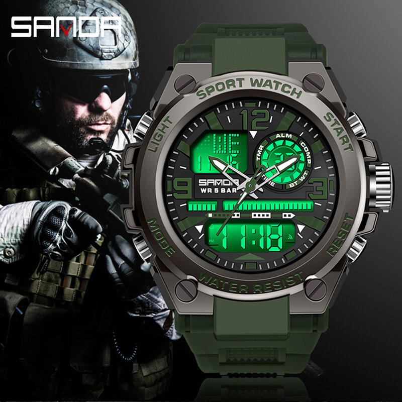 Часы наручные SANDA мужские с двойным дисплеем, Роскошные водонепроницаемые спортивные армейские в стиле милитари, с секундомером