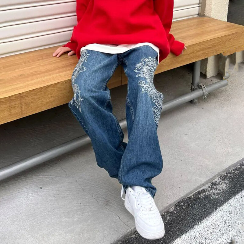 Retro Streetwear Dragon ricamo dritto pantaloni larghi Jeans uomo Harajuku Trend pantaloni gamba larga allentata Oversize Hip Hop