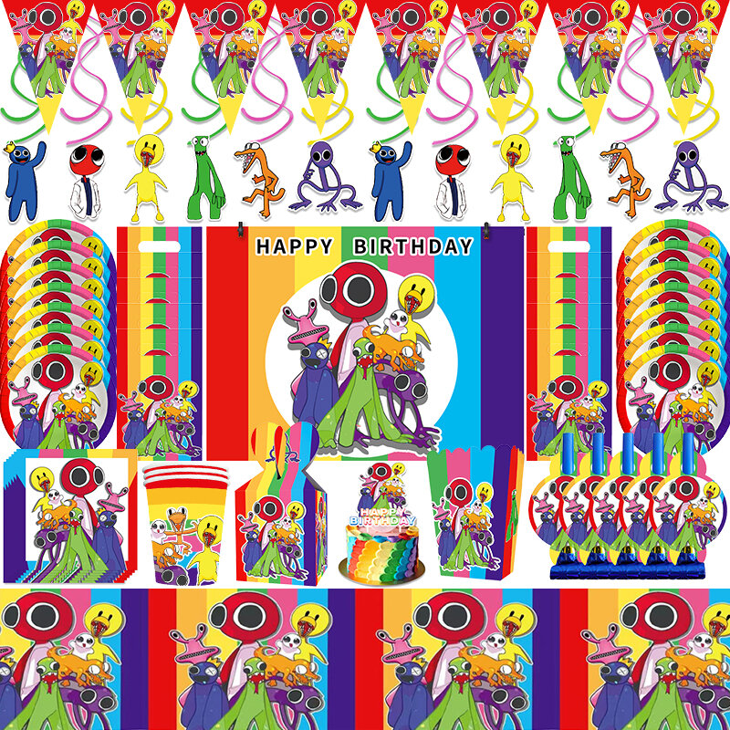 Rainbow Friends Dekorasi Pesta Ulang Tahun Spanduk Cangkir Kertas Balon Puncak Kue Taplak Meja untuk Perlengkapan Pesta Bayi Laki-laki