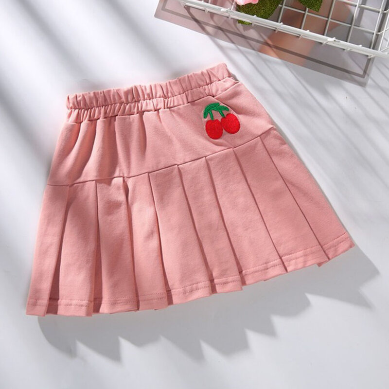 Korean Style New Toddler Baby Cherry Embriodery Skirt Girls Cute Summer Skirts Children Sweet Pleated Costumes Princess Clothing