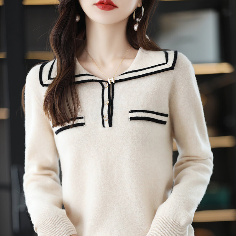 Женский свободный свитер-поло из чистой шерсти, осенне-зимний кашемировый пуловер, универсальная модная Удлиненная рубашка в западном стиле