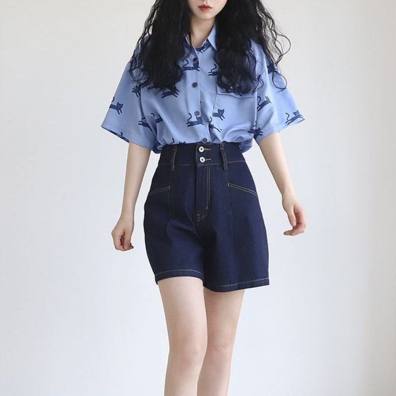 Kaus Kancing Gambar Kucing 2022 Kaus Imut Biru Mode Korea untuk Wanita Atasan Desain Siswa Trendi Semua Cocok Lengan Pendek