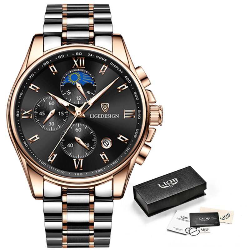 LIGE-남성용 시계, 빅 다이얼 럭셔리 비즈니스 클래식 쿼츠 시계, 크로노그래프 스포츠 방수 스틸 밴드 손목 시계