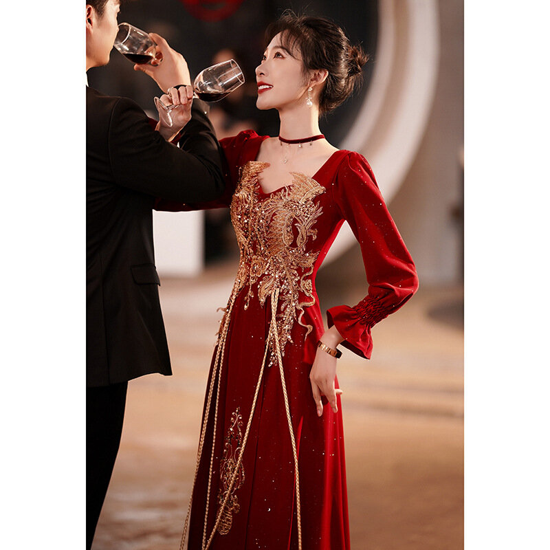 中国のレトロなスタイルのワインレッドのウェディング/トースト/新築祝いのスカート-長い袖の袖-春/夏の女性のための襟のスタンドアップカラー2022