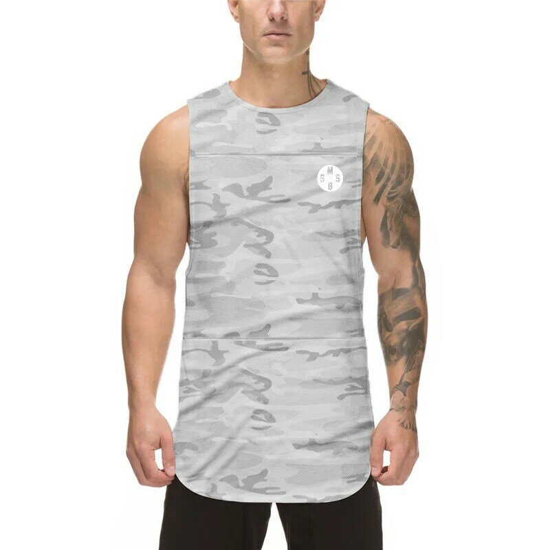 New Gym Heren Kleding Workout Camouflage Tank Top Casual Mesh Vest Mode Fitness Mouwloze Sneldrogend Camouflage Singlets
