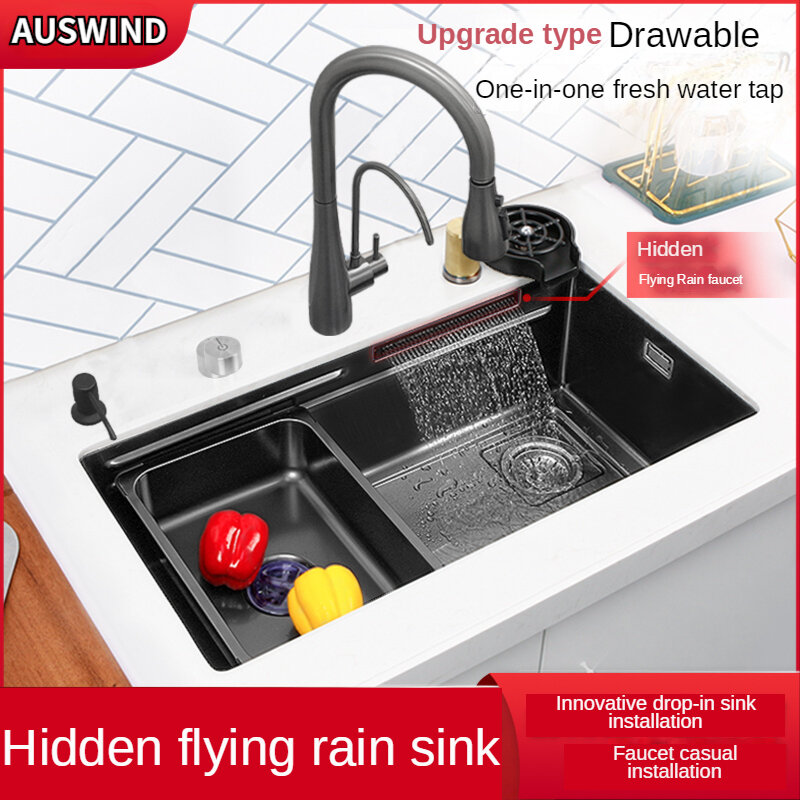 Fregadero de cascada de lluvia oculta, fregadero individual de acero inoxidable para el hogar con lavamanos para tazas, lavamanos para verduras