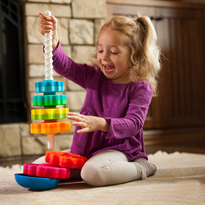 Zabawki Montessori wieże do układania w stos bloki Rainbow Spin Tower kolorowa zabawka kształt gry edukacyjne pierścionek do łączenia dzieci dziewczynka chłopiec