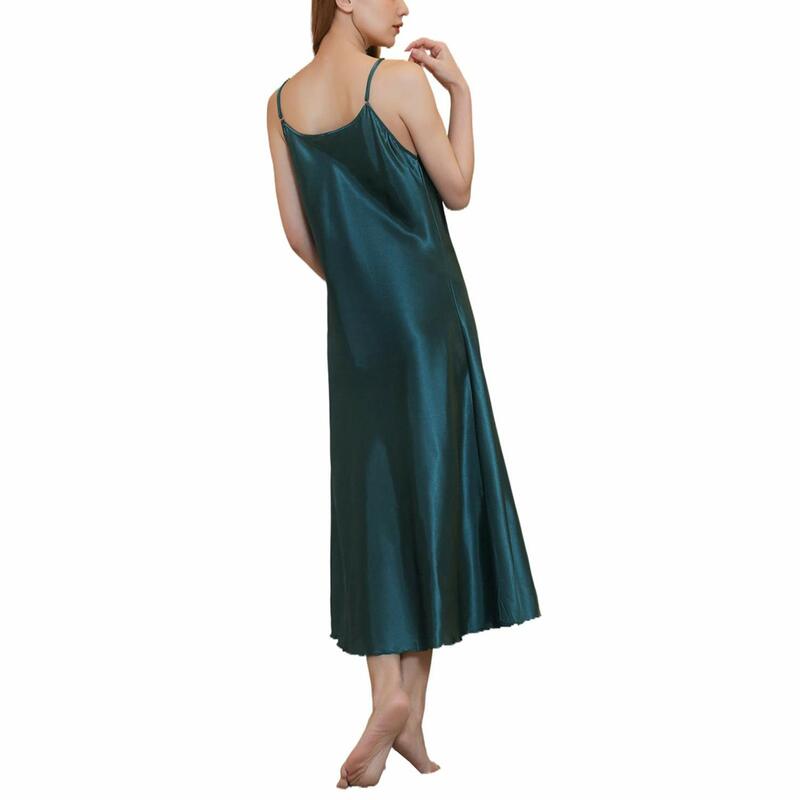 สตรีซาติน Nightgown ยาว Slip Sleep ชุดผ้าไหม V คอ Nightgowns สำหรับผู้หญิง