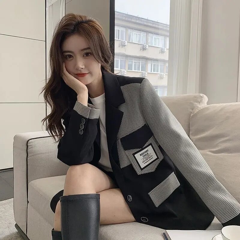 Outerwear Womens Plaid Contrast Color Patchwork Suit Coat 2022 Autumn Korean Fashion Loose Single-breasted Pocket Blazer Female