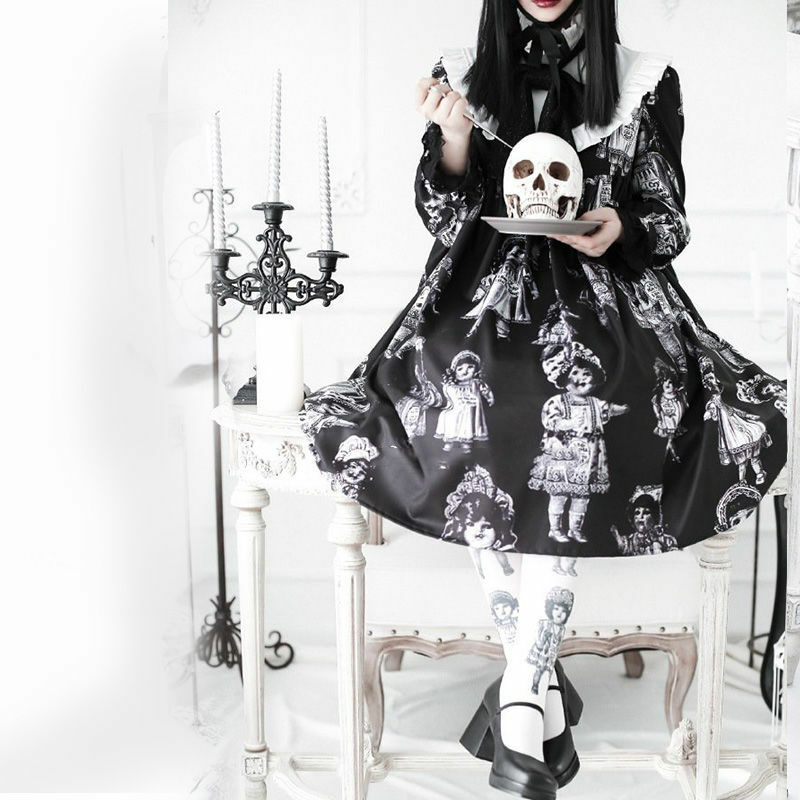 Gothic Vintage Lolita Đầm Nữ Cổ Điển Báo Bông Tai Kẹp Trang Phục Hóa Trang Búp Bê Cổ Victoria Công Chúa Đảng OP Đầm