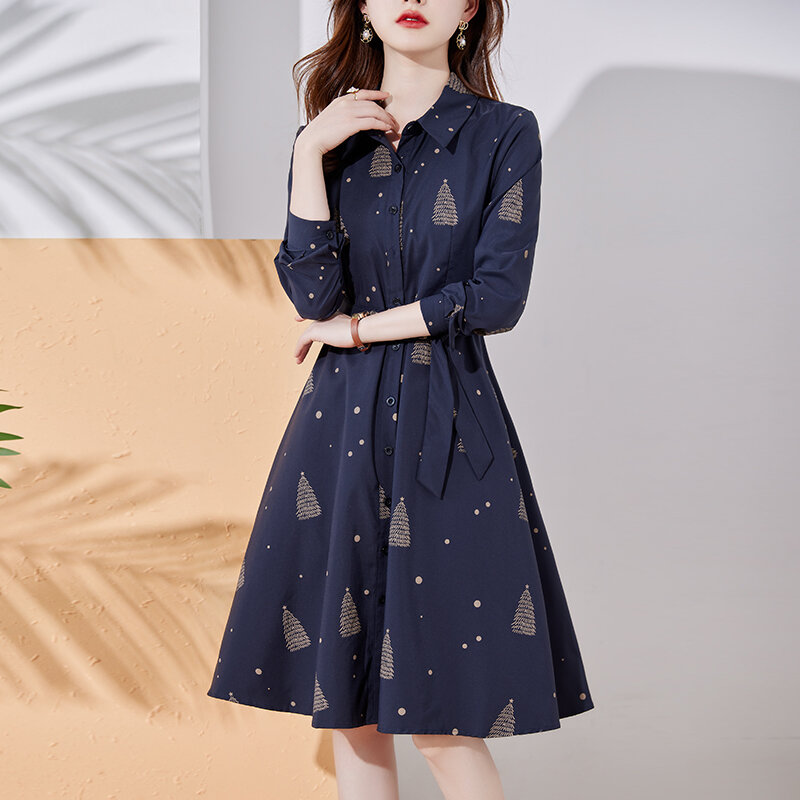 Falda de Camisa estampada con patrón de moda 2022 otoño temperamento de manga larga Retro cintura de gama alta ligero de lujo vestido francés de otoño