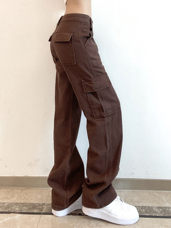 Pantalones vaqueros holgados para mujer, ropa de calle informal con paneles de bolsillo, Cargo, Otoño, novedad