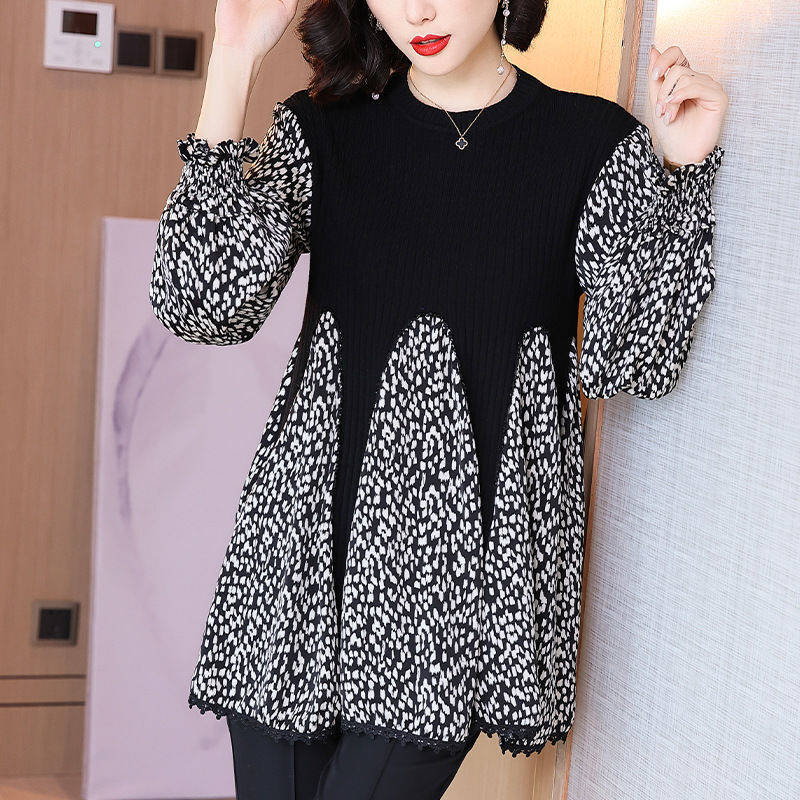 Casual retalhos tendência coreana popularidade lazer roupas femininas primavera outono t-shirts solto o pescoço manga comprida polka dot topo