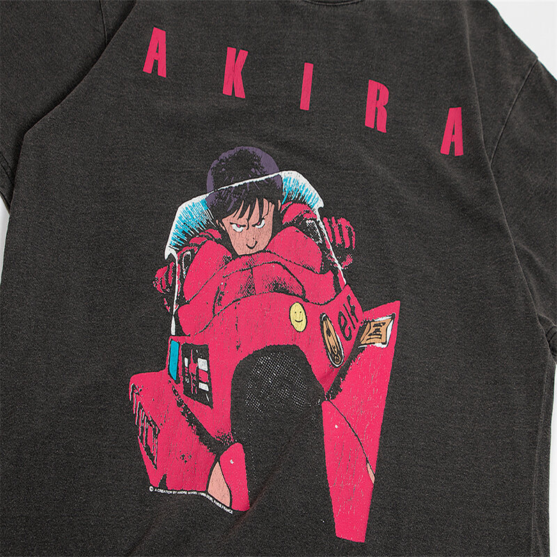 Akira animação dos desenhos animados vintage lavado streetwear hip hop casual manga curta solta 2022 verão homens harajuku camisetas de grandes dimensões