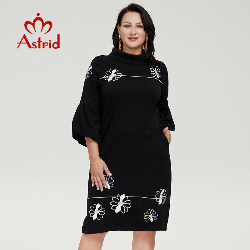 Astrid vestidos femininos para mulher 2022 oversize casual vestidos elegantes bordados flor midi preto vestidos de manga longa escritório