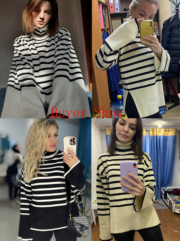 Black And White Stripe Sweater Streetwear Loose Tops Women Pullover Female Jumper Long Sleeve Turtleneck Knitted Ribbed Sweaters