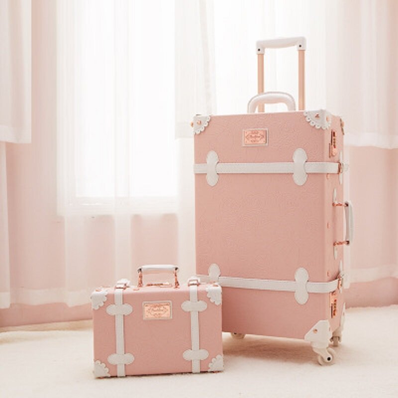 女性のためのレトロなヴィンテージの革の旅行かばんキット,ハンドバッグとキャビンが付いたスーツケース