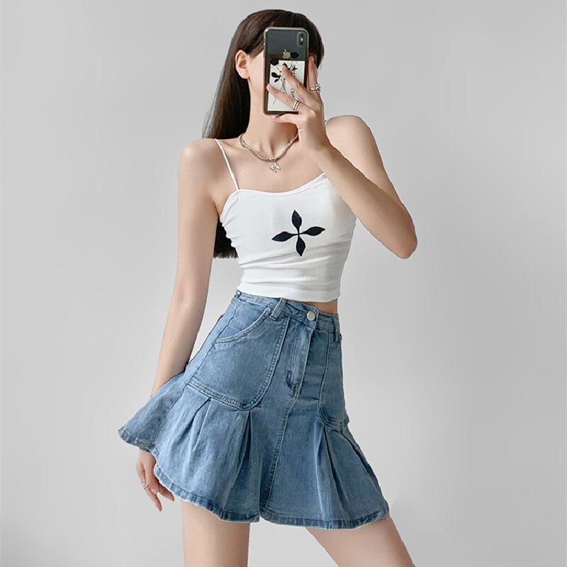 Metade do corpo das mulheres saia azul denim plissado cintura alta vintage casual coreano moda baggy saia curta senhoras verão
