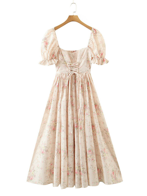 Robe princesse mi-longue à motif Floral pour femmes, tenue de soirée, laçage, col carré, manches bouffantes, froncée, 2022