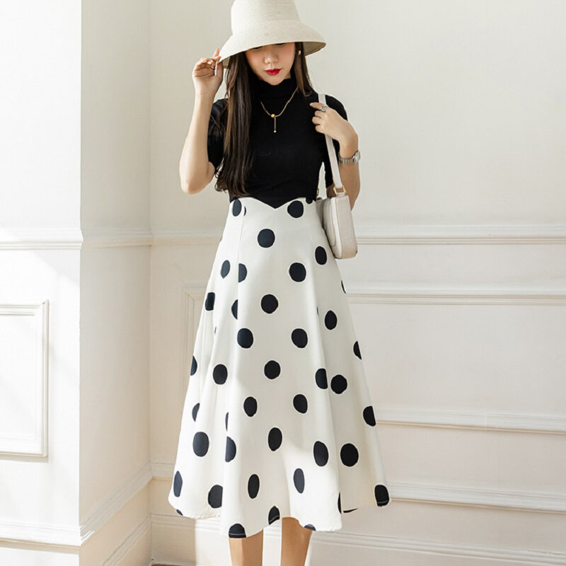 Wisher & tong feminino longo polka dot saia coreano moda cintura alta a linha do vintage midi saias femininas primavera 2022 mujer