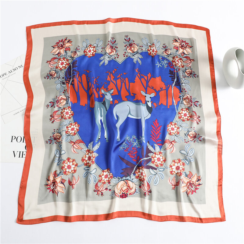 Foulard carré en Satin de soie Floral pour femme, Bandana musulman, châles enveloppés, bandeau, silencieux, 90x90cm