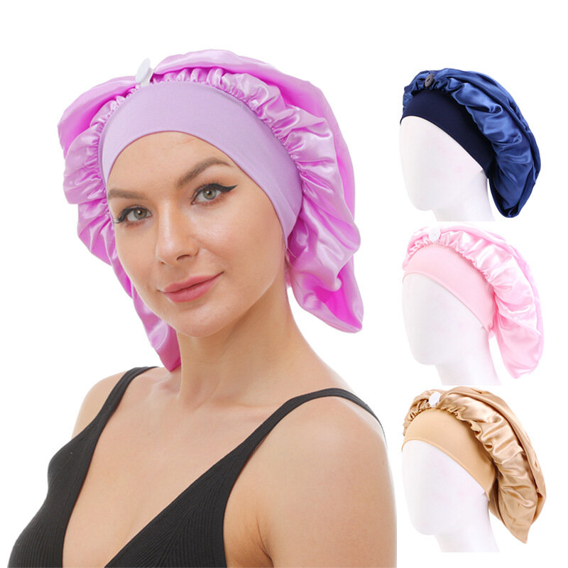 Elastic Wide Band Adjustable Button Long Satin Bonnet Femme Headscarf Long Tail Chemo Cap Breathable Sleeping Cap Headwear Hats