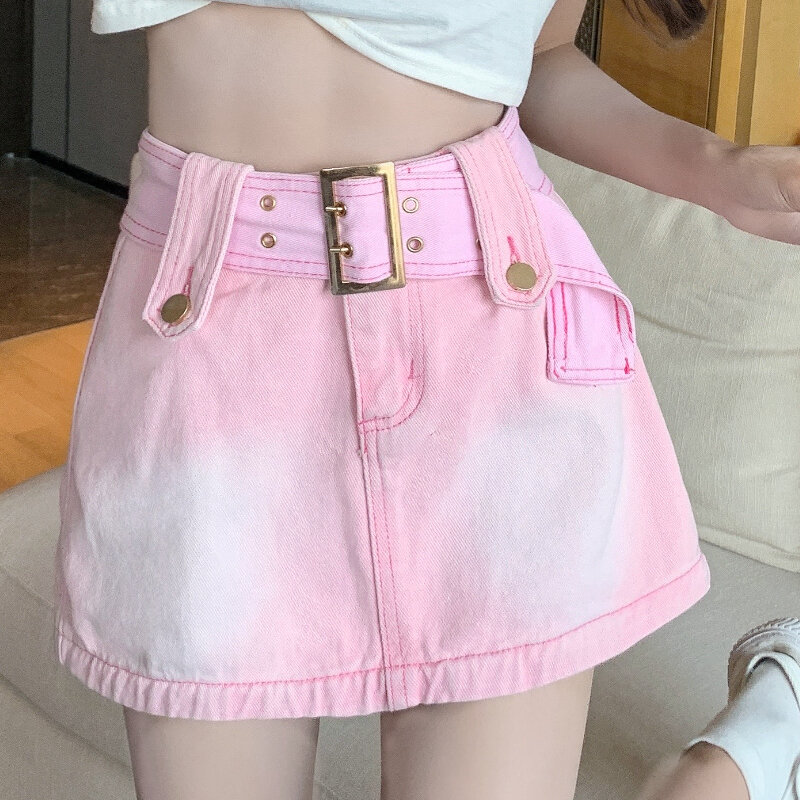 Minifalda de mezclilla para mujer, Falda corta de cintura alta, con cinturón y bolsillos, color rosa, 500D