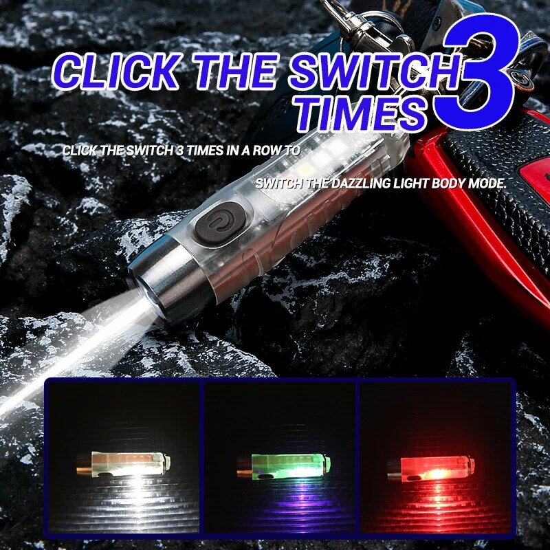 Keychain Light 11 Modes Mini Torch LED 600LM Waterproof Red UV Light Alarm Light Detector Repair Work Fluorescent Hat Light