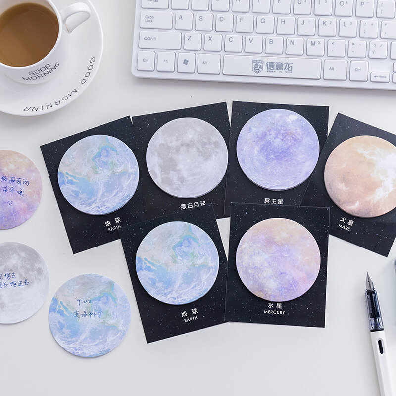 30Page Sticky Notes Planet Circular Black White Starry Sky N Times Tearable Small Notebook Stickers Message Memo Pad Kawaii Cute